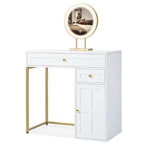 31.5" Makeup Vanity Desk with Lighted Mirror, Luxury Dressing Table with 2 Drawers and 1 Cabinet, 3 Lighting Modes Available for Bedroom, White-Gold - 1 of 4