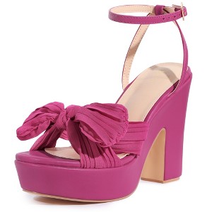 Allegra K Women's Platform Pleated Bow Slingback Block High Heel Sandals - 1 of 4
