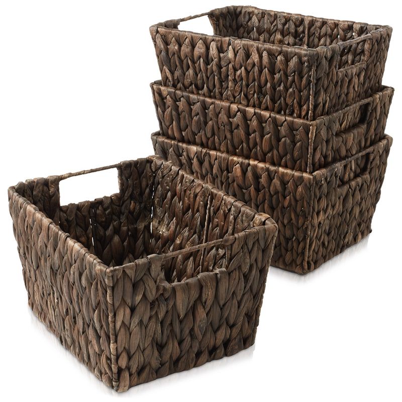 Casafield Set of 4 Water Hyacinth Storage Baskets with Handles, 12" x 9" x 6" Rectangular Storage Bins for Shelves, Blankets, Laundry Organization, 1 of 7