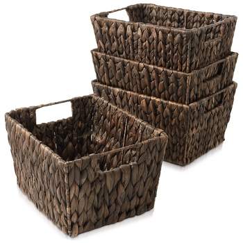 Casafield Set of 4 Water Hyacinth Storage Baskets with Handles, 12" x 9" x 6" Rectangular Storage Bins for Shelves, Blankets, Laundry Organization