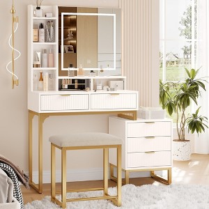 COZONY White Vanity Makeup Desk with 3-Mode Lights & Stool, 5 Drawers Vanity Table with Mirror - 1 of 4