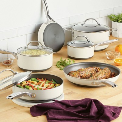 Cream Aluminum Nonstick 10-Piece Cookware Set with Glass Lids