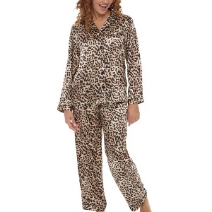 ADR Women's Satin Pajamas Set, Button Down Long Sleeve Top and Pants with Pockets, Silk like PJs with Matching Sleep Mask - 1 of 4