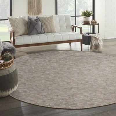 Grey Mocha Round Geometric Synthetic Washable Area Rug