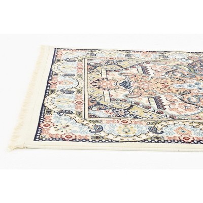 Ivory and Blue Synthetic Traditional Runner Rug, 3' x 13'