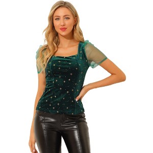 INSPIRE CHIC Women's Square Neck Glitter Star Pattern Short Sleeve Velvet Top - 1 of 4