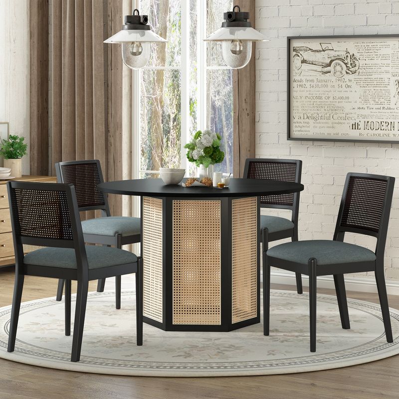 5-Piece Rattan Round Dining Table Set, Wood Table with Hexagonal Base and Upholstered Chairs for Dining Room, Kitchen 4Q - ModernLuxe, 1 of 15