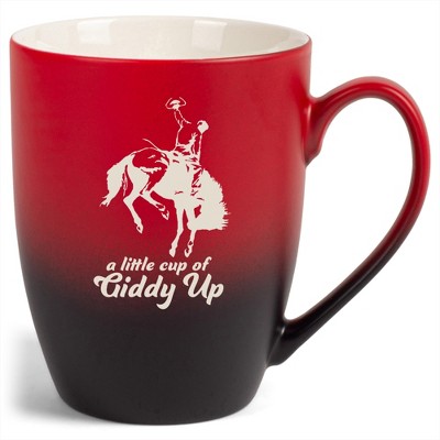 100 North Bucking Bronco 10 Ounce Red and Black Two Toned Ombre, Comfortably Fits Your Hands, Ceramic Tea Coffee Cup Mug, A Little Cup Of Giddy Up
