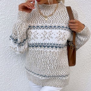 Coolmee Women's Casual Snowflake Print Knitted Pullover Sweaters Long Sleeve Crew Neck Jumper Tops - 1 of 2