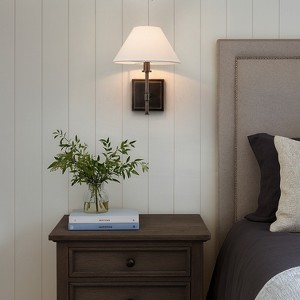 ALOADECOR Modern Bronze 12'' Tall 1-Light Fabric Shade Wall Sconces Farmhouse White Linen Tapered Shade Sconce For Bathroom Mirror Hallway - 1 of 4