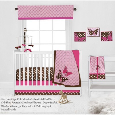 Bacati - Buttefly Pink Chocolate 10 pc Crib Bedding Set with 2 Crib Fitted Sheets