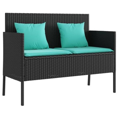 vidaXL Patio Bench with Cushion, Black Poly Rattan