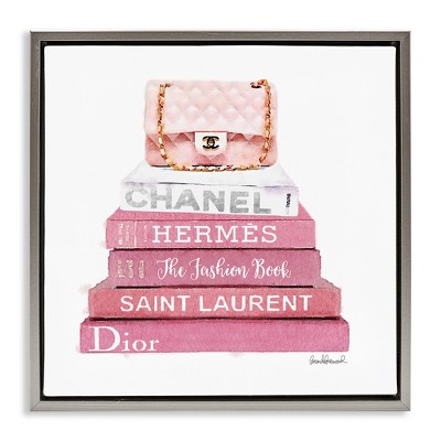 Stupell Industries Pink Book Stack Fashion Handbag, 25" x 25"