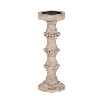 Ivory-Beige 14" Wood Pillar Candle Holder with Beads