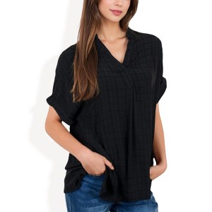 Anna-Kaci Women's Relaxed Fit V-Neck Short Sleeve Top with Cuffed Sleeves Lightweight Loose Casual Blouse - 1 of 4