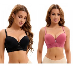 INSPIRE CHIC 2 Pcs Women's Lace Trim Underwire Adjustable Straps Plus Cup Size Push Up Bras - 1 of 4