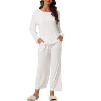 cheibear Women's Soft Lace Trim Knit Stretchy Long Sleeve Sleepwear Pajama Set