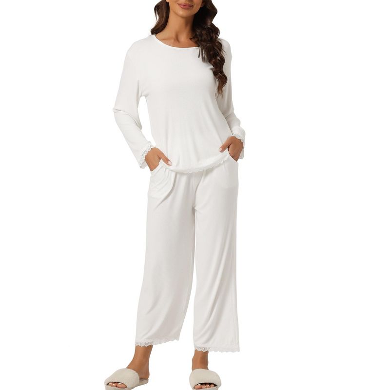 cheibear Women's Soft Lace Trim Knit Stretchy Long Sleeve Sleepwear Pajama Set, 1 of 6