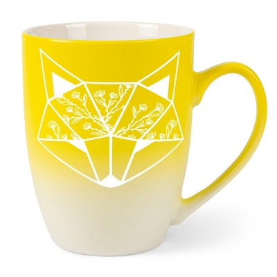 Elanze Designs Nature Animal Coffee Cup Mug 12 Ounce Ceramic With Ombre Gradient Floral Geometric Fox Yellow and White