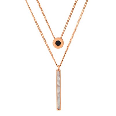 Steeltime 24" 18k rose gold plated stainless steel double layered dog tag and round onyx necklace