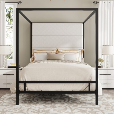 Merax Elegant Modern Canopy Bed with Tall Velvet Upholstered Headboard