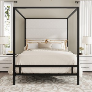 Merax Elegant Modern Canopy Bed with Tall Velvet Upholstered Headboard - 1 of 4