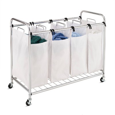 Chrome Quad Laundry Sorter with White Bags and Wheels