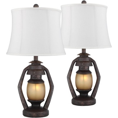 Franklin Iron Works Rustic Table Lamps Set of 2 with Nightlight Bronze Cream Fabric Drum Shade for Living Room Bedroom House Home