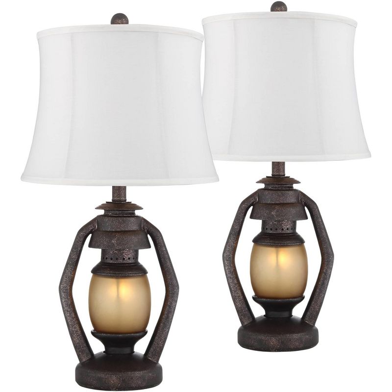 Franklin Iron Works Horace Rustic Table Lamps 25 1/4" High Set of 2 Bronze with Nightlight Cream Fabric Drum Shade for Bedroom Living Room Bedside, 1 of 8