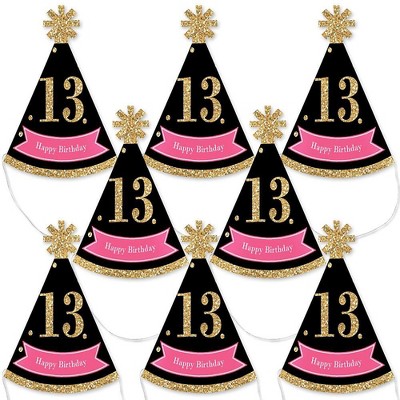 Big Dot of Happiness Chic 13th Birthday - Pink, Black and Gold - Mini Cone Birthday Party Hats - Small Little Party Hats - Set of 8