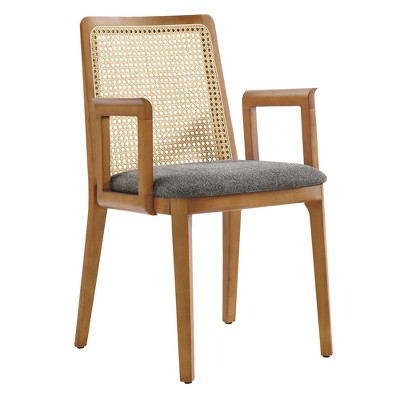 Modway Monarch Dining Armchair – Cane Back Wood Accent Chair with Padded Seat in Honey Natural Gray