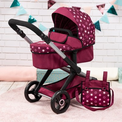 Burgundy and White Stars Doll Pram with Shoulder Bag