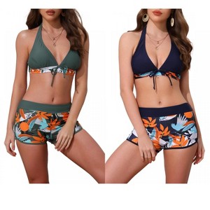 INSPIRE CHIC Women's Leaf Print Color Block Halter Top Boyshorts Bottom Swimwear Bathing Bikini Suits 2 Sets - 1 of 4