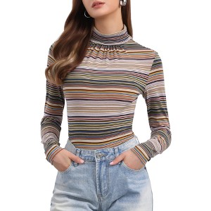 Allegra K Women's Turtleneck Long Sleeve Stretch Slim Plaid Casual Blouse - 1 of 4