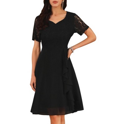 INSPIRE CHIC Women's Lace Chiffon Sweetheart Neck Short Sleeve Ruffle Midi Dresses