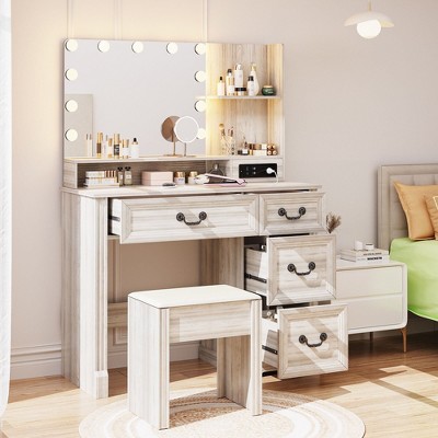 Fredees Vanity Desk: Lighted Mirror, Power Outlet, Rustic Makeup Table, Drawers, Stool, Hollywood Mirror with 3-Color Lights