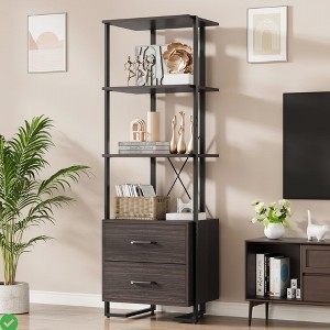 70.9"H 4-Tier Bookcase with Storage Drawers, Metal Frame and Open Display Shelves, Woodgrain Finish - 1 of 4