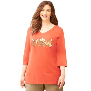 Catherines Women's Plus Size V-Neck Graphic Top - 1 of 4