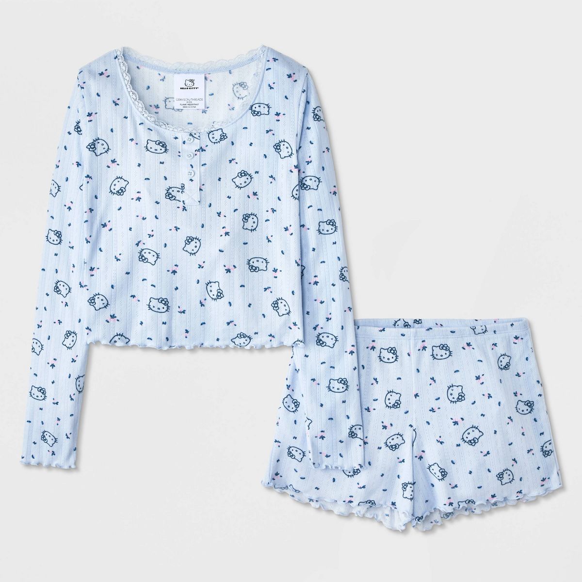 Girls' 2pc Hello Kitty Long Sleeve Pointelle Pajama Set - Light Blue