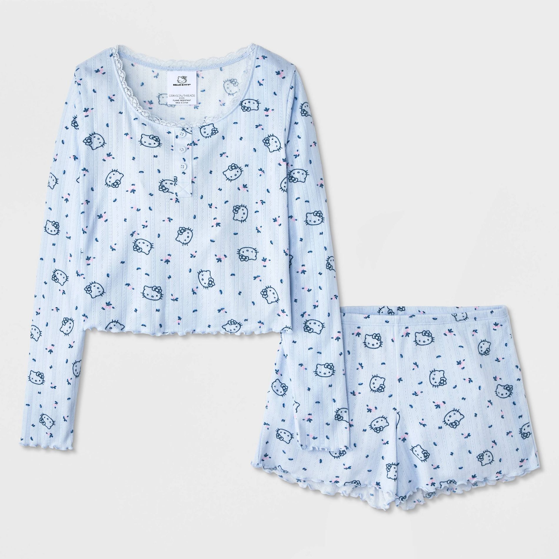 Girls' 2pc Hello Kitty Long Sleeve Pointelle Pajama Set - Light Blue