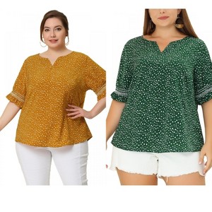 Women's Plus Size 2 Pieces Floral Boho Polka Dots Short Sleeve Cute Smocked Spring Blouses - Agnes Orinda - 1 of 4