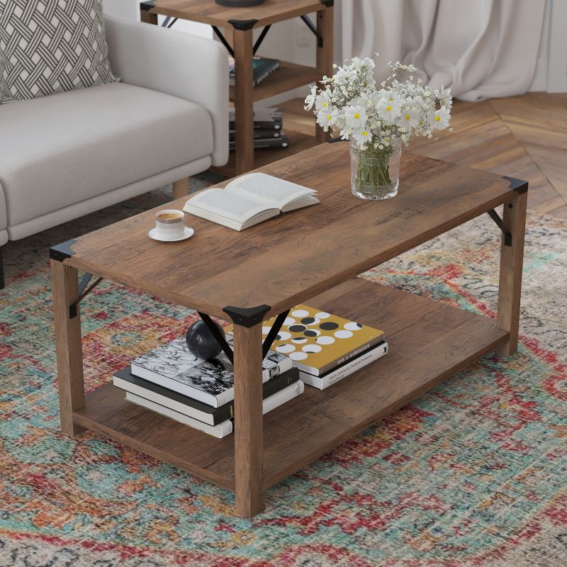 Flash Furniture Wyatt Modern Farmhouse Wooden 2 Tier Coffee Table with Metal Corner Accents and Cross Bracing, 4 of 12