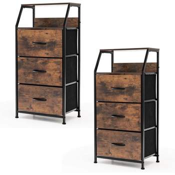 Tangkula 2PCS 3 Drawers Dresser Storage Tower w/ 3 Foldable Fabric Drawers & Open Shelves Wooden Top & Metal Frame Anti-Tipping Design