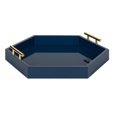 Navy Blue Rectangular Wood Accent Tray with Metal Handles