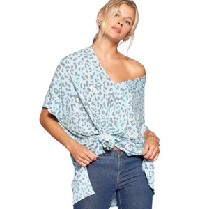 Slickblue Leopard Print Knit Top, Women's Playful Letter Graphic Tee, Versatile Style, One Size, Mint Blue - 1 of 4