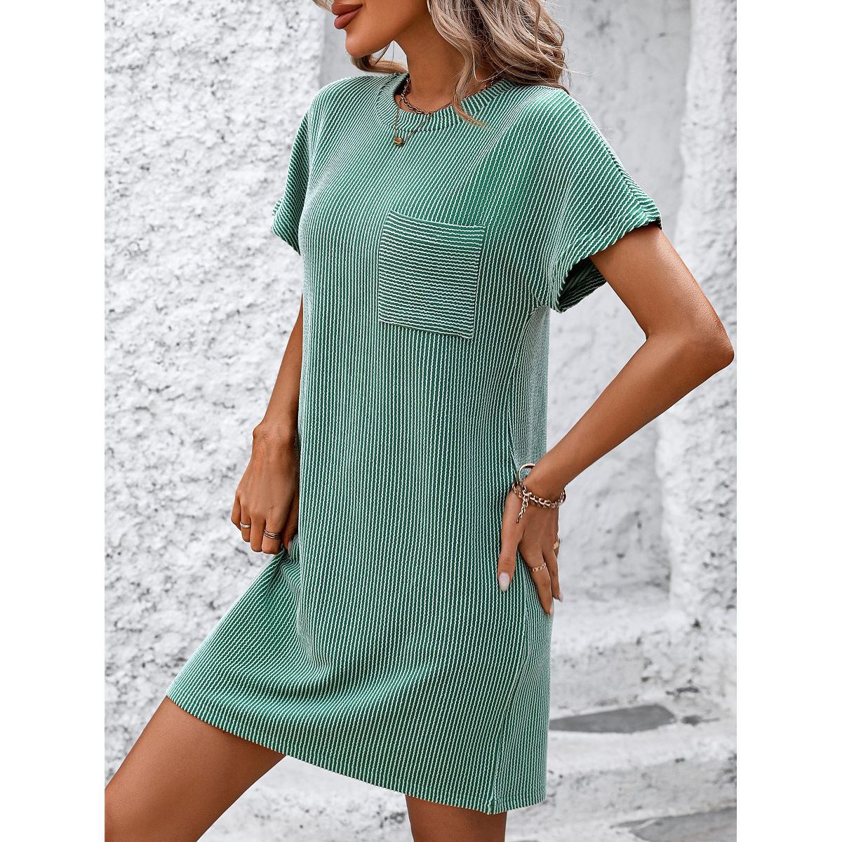 Summer Lounge Dress for Women Crew Neck Striped Comfy Pajamas Dress Casual T Shirt Dresses Summer Casual Shift Dress with Faux Pockets - thumbnail 8