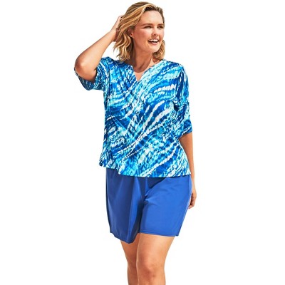 Swim 365 Women's Plus Size Split-Neck Short Sleeve Swim Tee With Built-In  Bra - 38, Blue