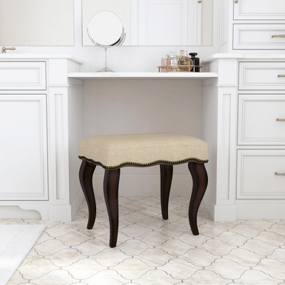 19" Burnished Oak and Cream Upholstered Backless Vanity Stool