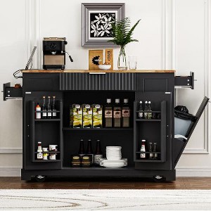 Ridstar 48.5 in. W 5-Wheel Mobile Kitchen Island with Trash Bin Storage Cabinet, Internal Shelving & 3 Drawers-Black - 1 of 4