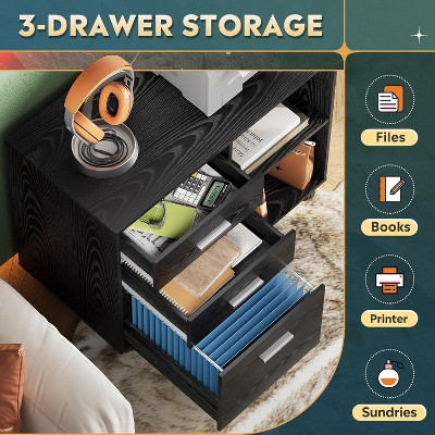 Black 3-Drawer Mobile Wood File Cabinet with Open Shelves